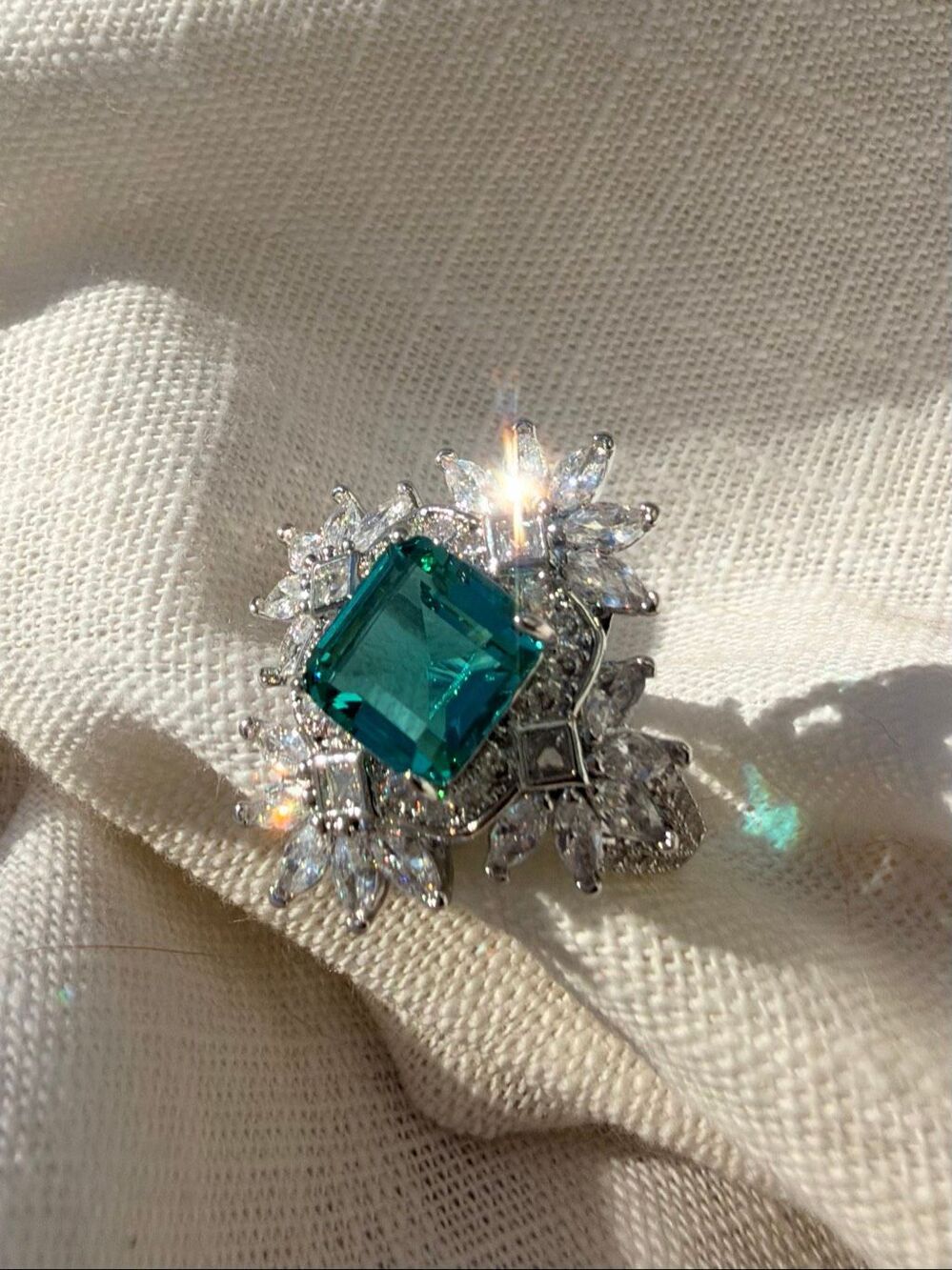 Aqua Green Cubic Zirconia Statement Ring Silver Tone Cocktail Ring